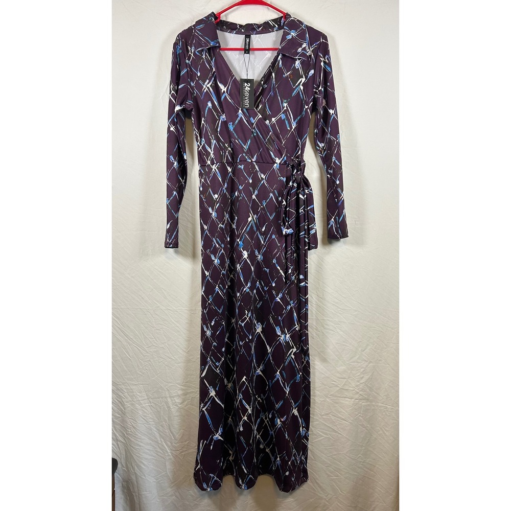 24seven Comfort Apparel‎ Purple Abstract Print Wrap Maxi Dress NWT Small